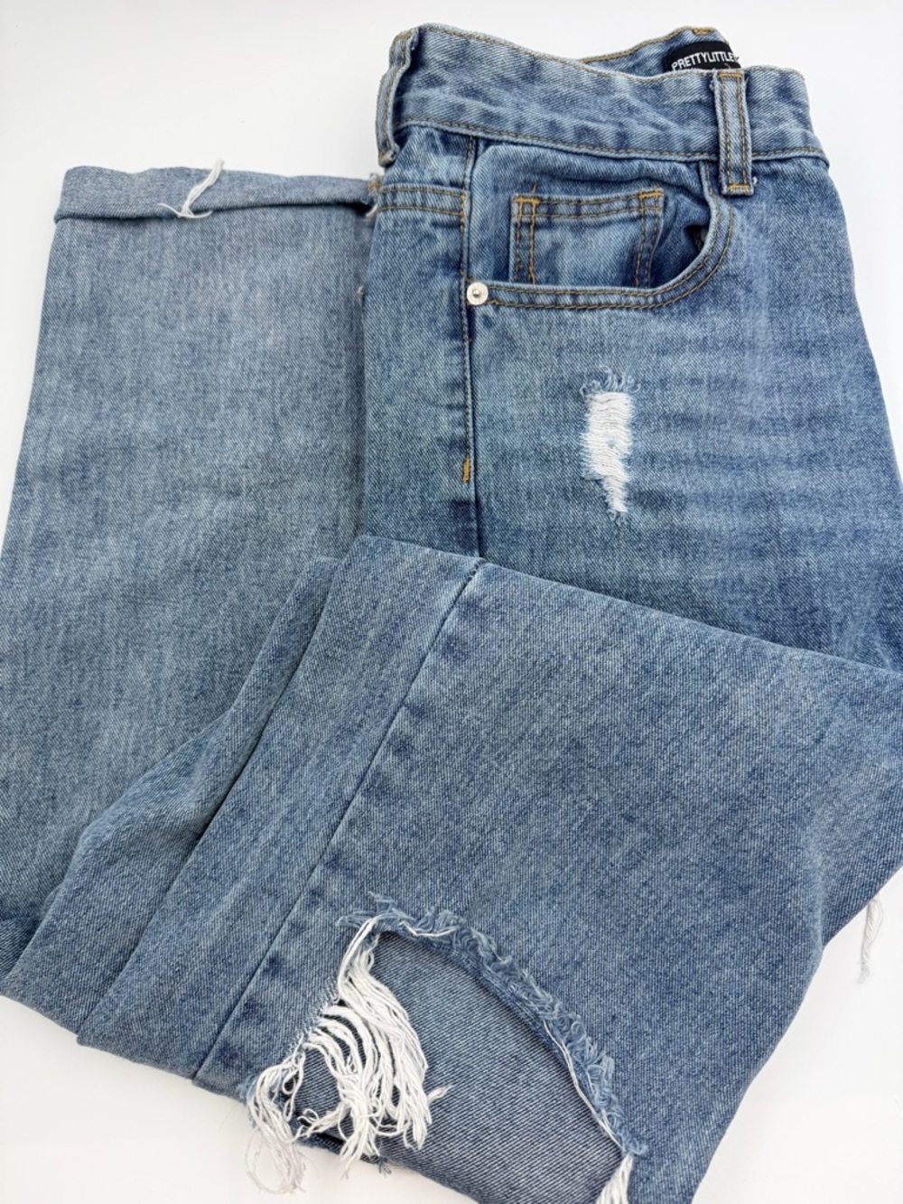 PrettyLittleThing Distressed High Rise Straight Leg Jeans - Sz 6- Mid Wash - Picture 4 of 8